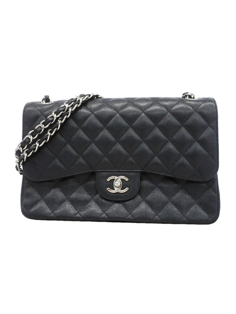 Chanel Shoulder Bag Maxi Quilted Caviar Leather Black Silver